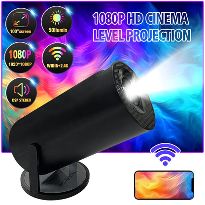 HY300(Black) Mini Portable Projector, 50 ANSI Lumens, Dual-Band WIFI, Bluetooth, 40"-130" Adjustable, 180° Rotating, Compact Round Design (Black)