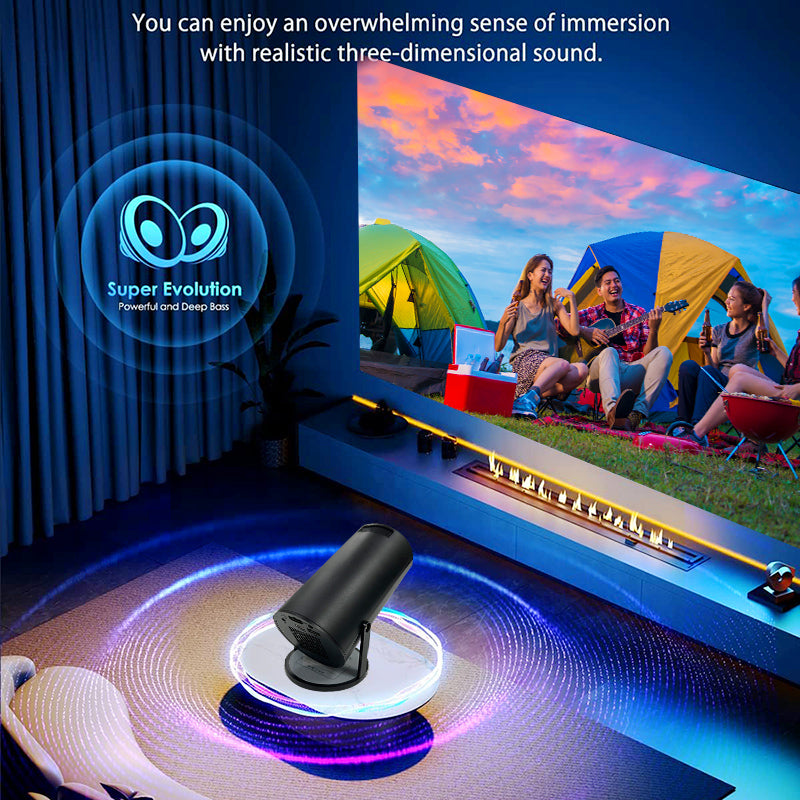 HY300(Black) Mini Portable Projector, 50 ANSI Lumens, Dual-Band WIFI, Bluetooth, 40"-130" Adjustable, 180° Rotating, Compact Round Design (Black)