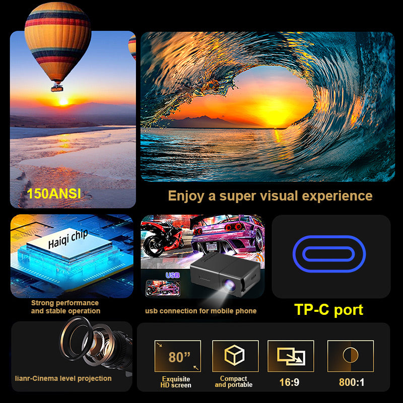 YG300 Mini Pocket Projector | USB, HDMI,Type-C | Connects with Power Bank | Built-in Audio Speakers | Home Cinema |